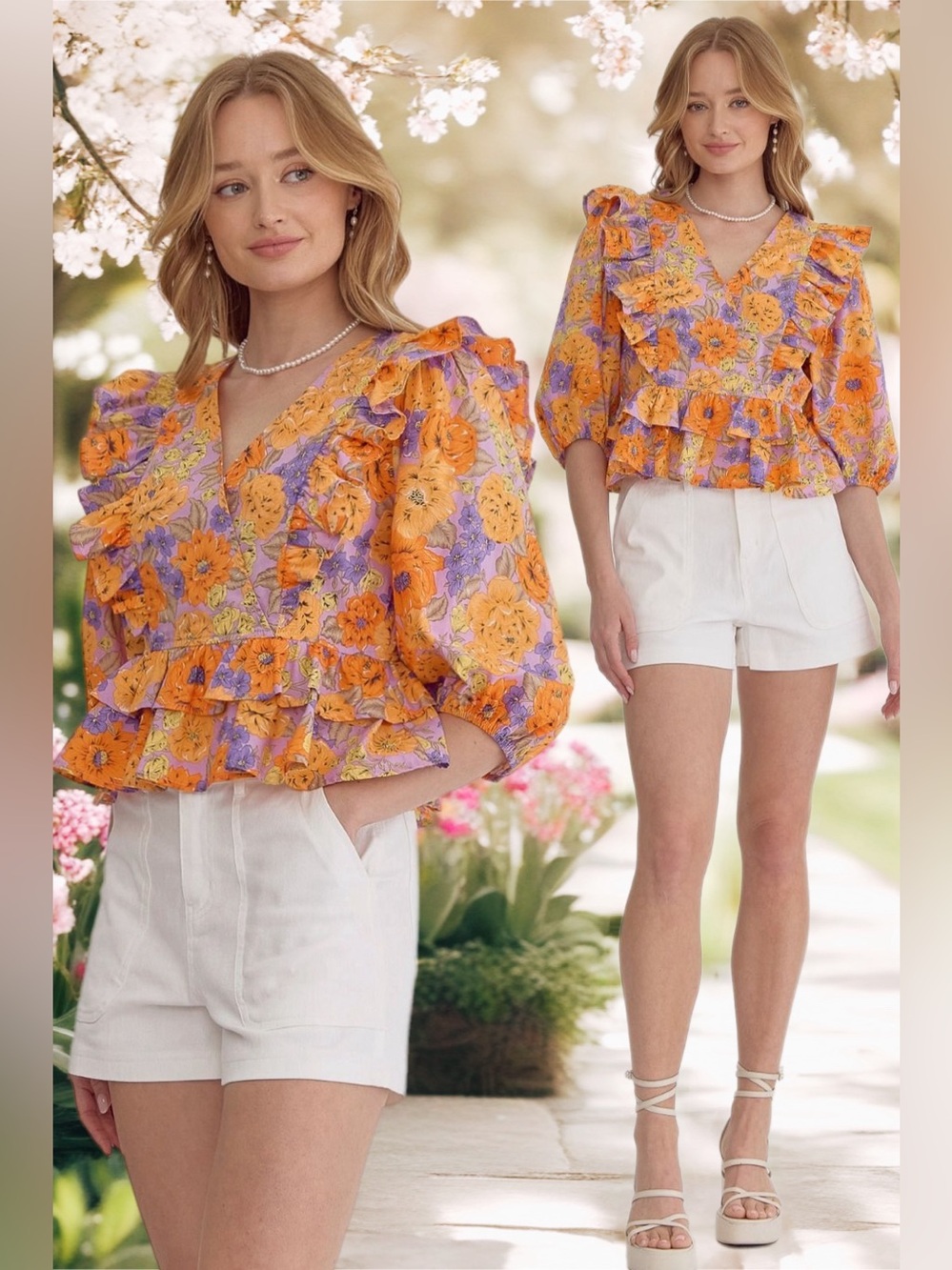 Entro | Clementine Ruffled Peplum Blouse Maximalist Purple Orange Floral Large
